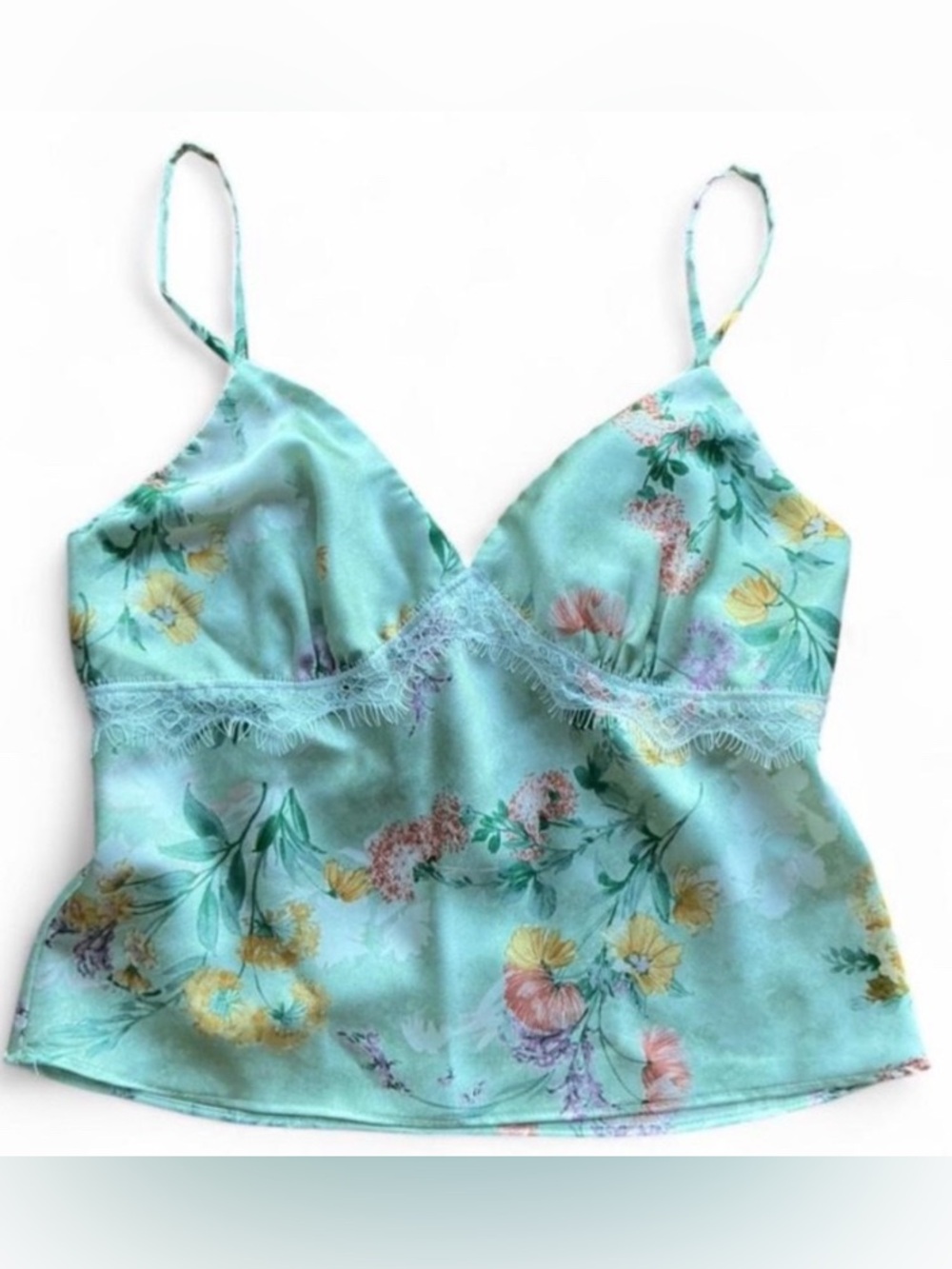 Fairycore Coquette Silky Pastel Green Floral Camisole with Lace Trim